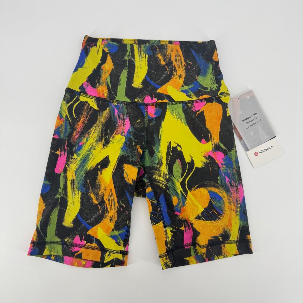 Lululemon Wunder Train HR Short 8 Contour Fit Black Yellow Multi 4 NEW